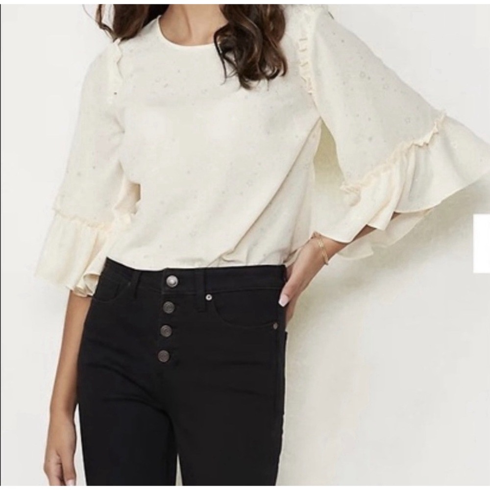 Lauren Conrad Women's Cream Gold Star Celestial Print Size XL Ruffle Sleeve